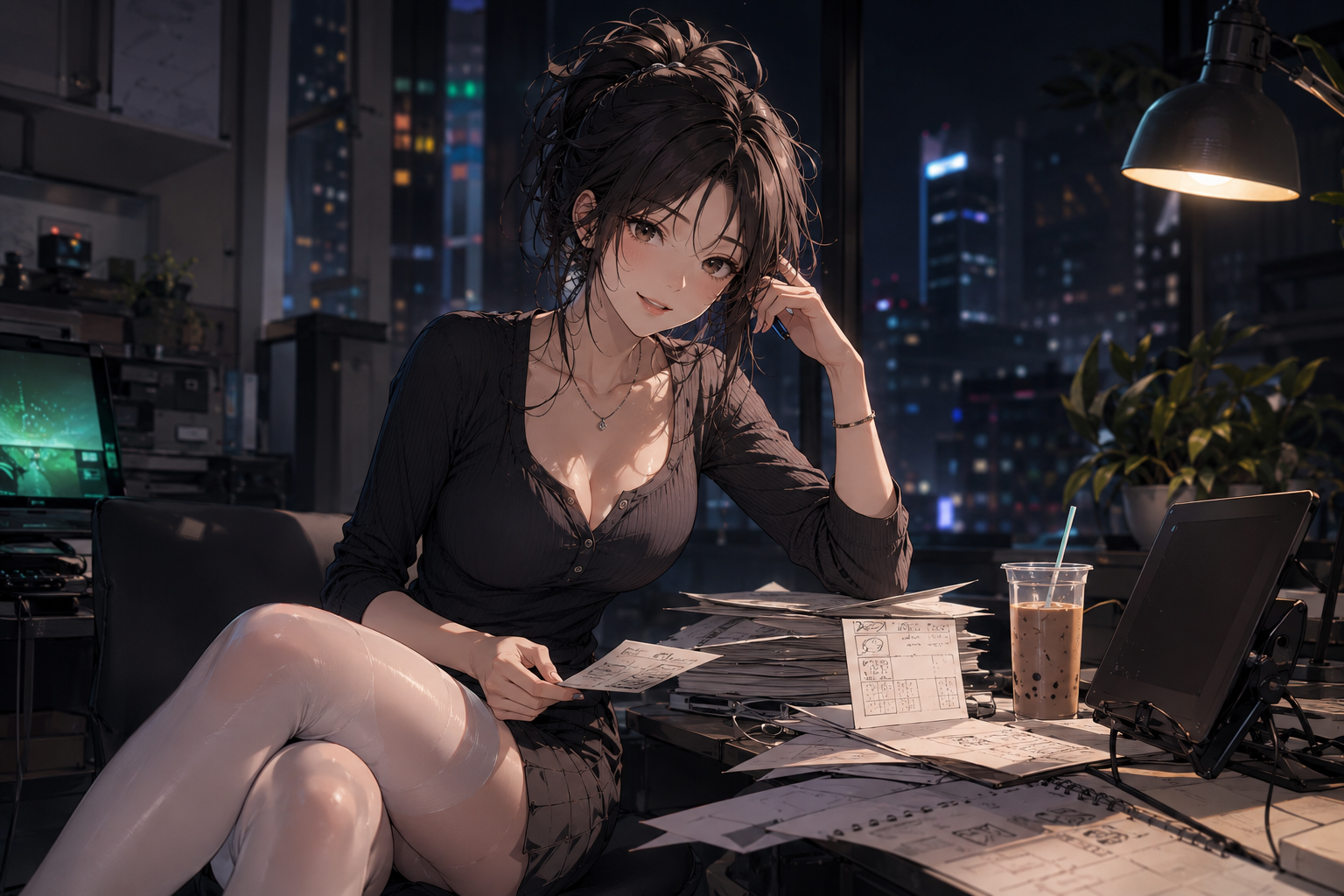 夜晚工作室里的角色和整理中的纸张
